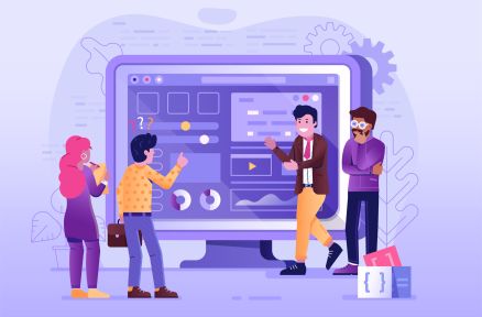 Website new features presentation illustration with computer page and clients asking questions. Web developers team presenting and explaining UI design on business meet up. Modern business concept.